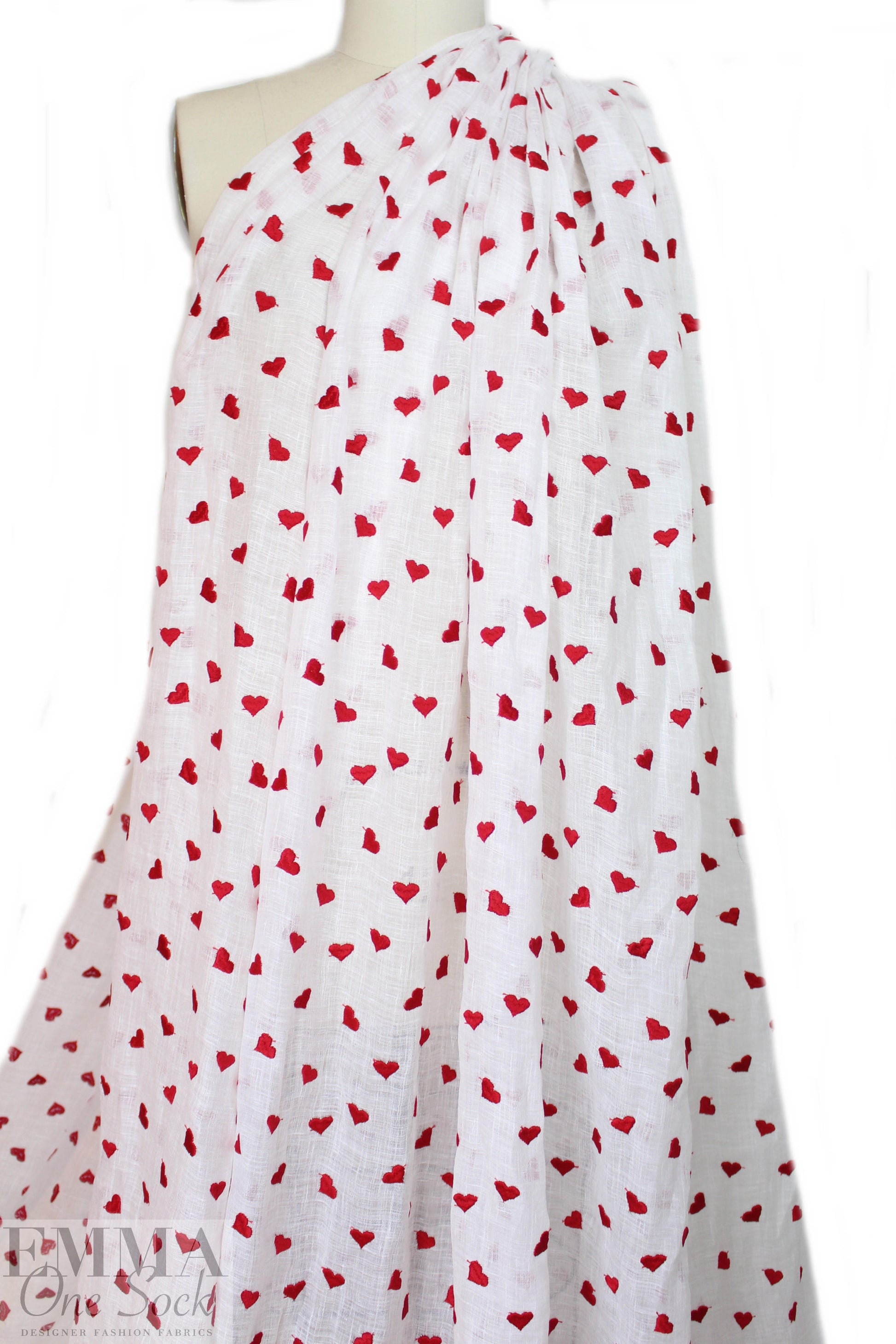 NY designer red hearts embroidered white cotton gauze 1.375 yd