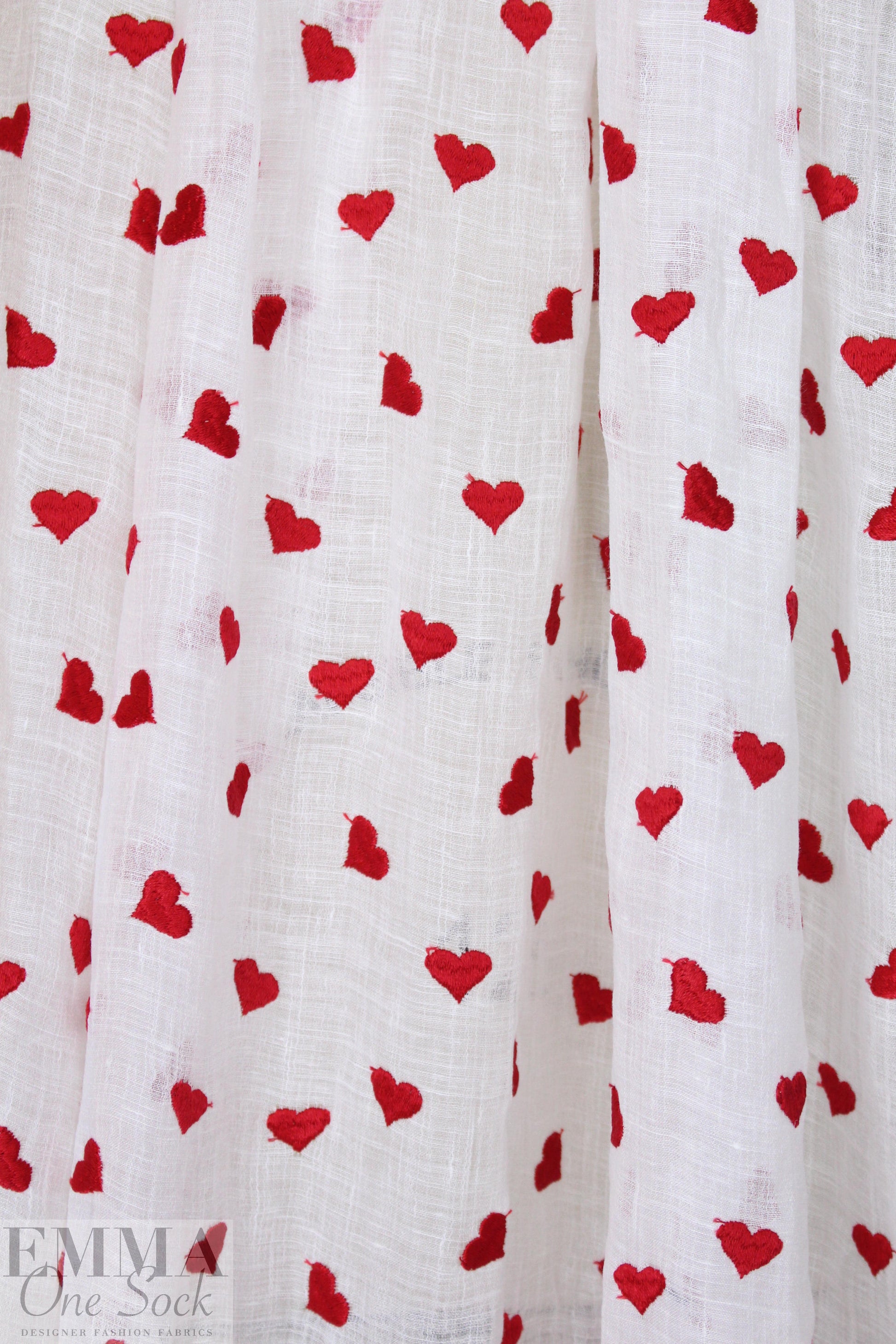 NY designer red hearts embroidered white cotton gauze 1.375 yd