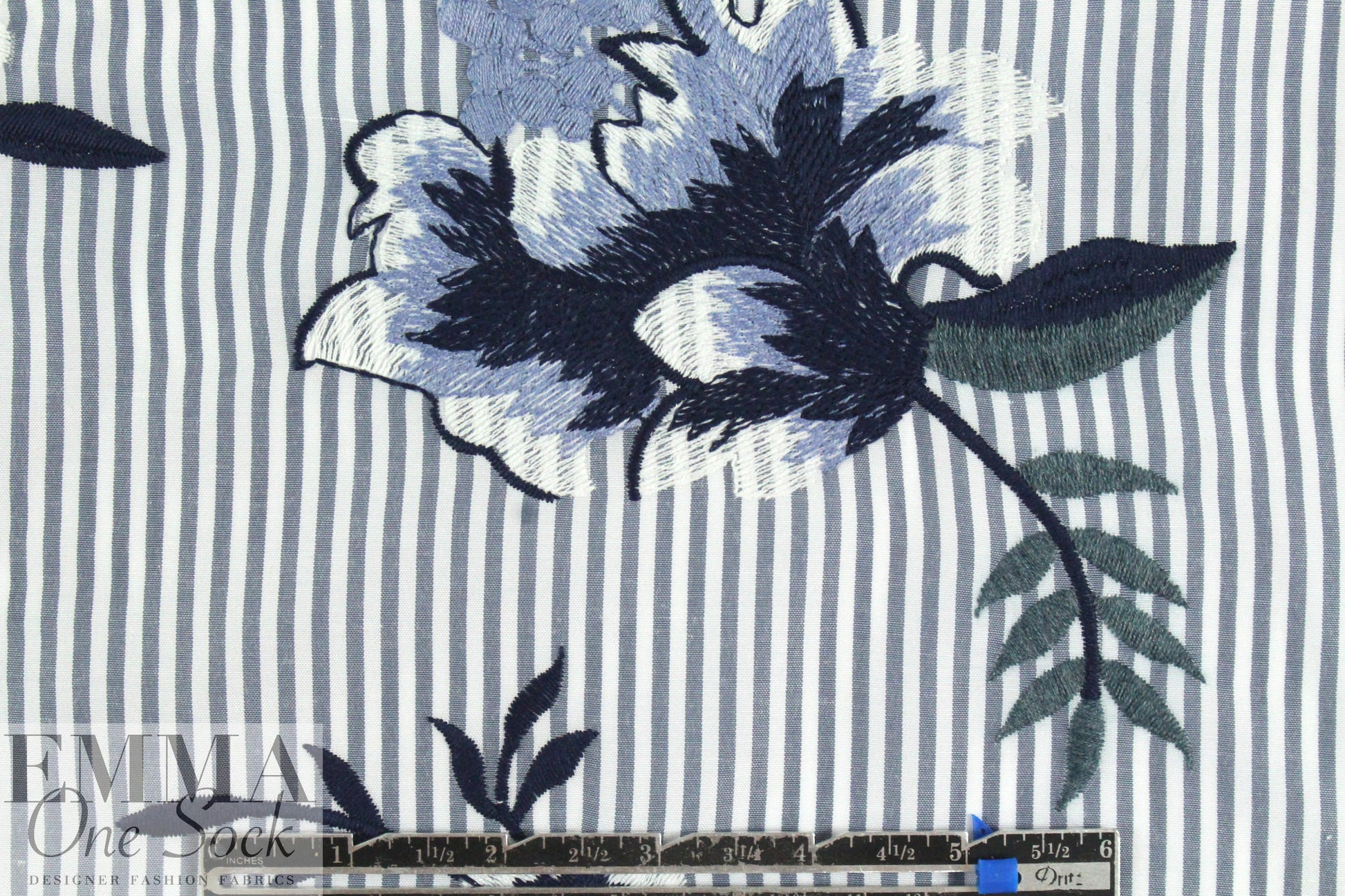floral embroidered gray/white stripe shirting 1.125 yds