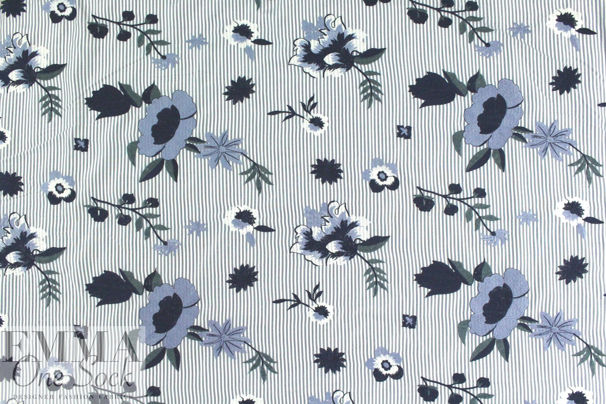 floral embroidered gray/white stripe shirting 2 yds