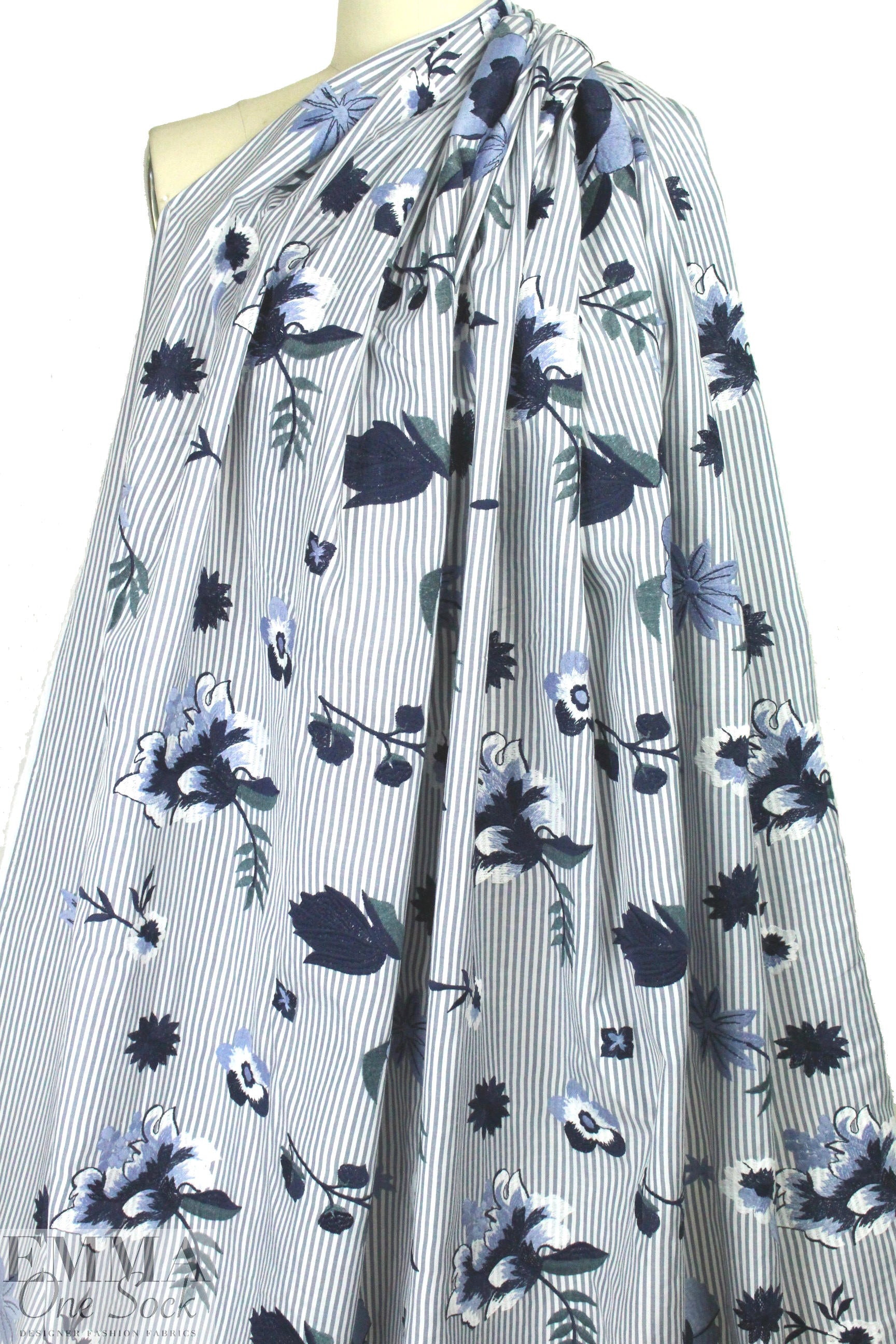 floral embroidered gray/white stripe shirting 1.125 yds