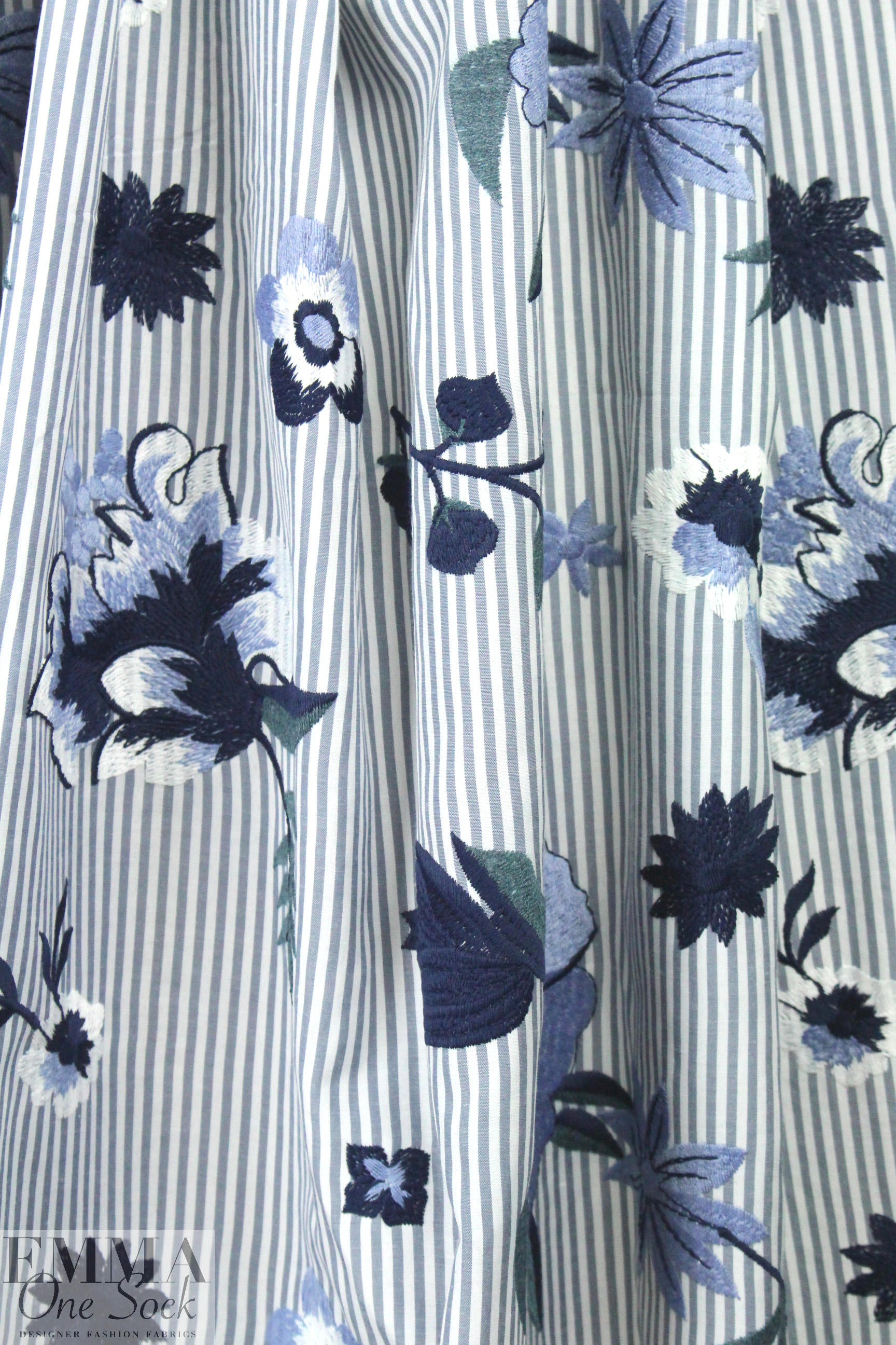 floral embroidered gray/white stripe shirting 2 yds