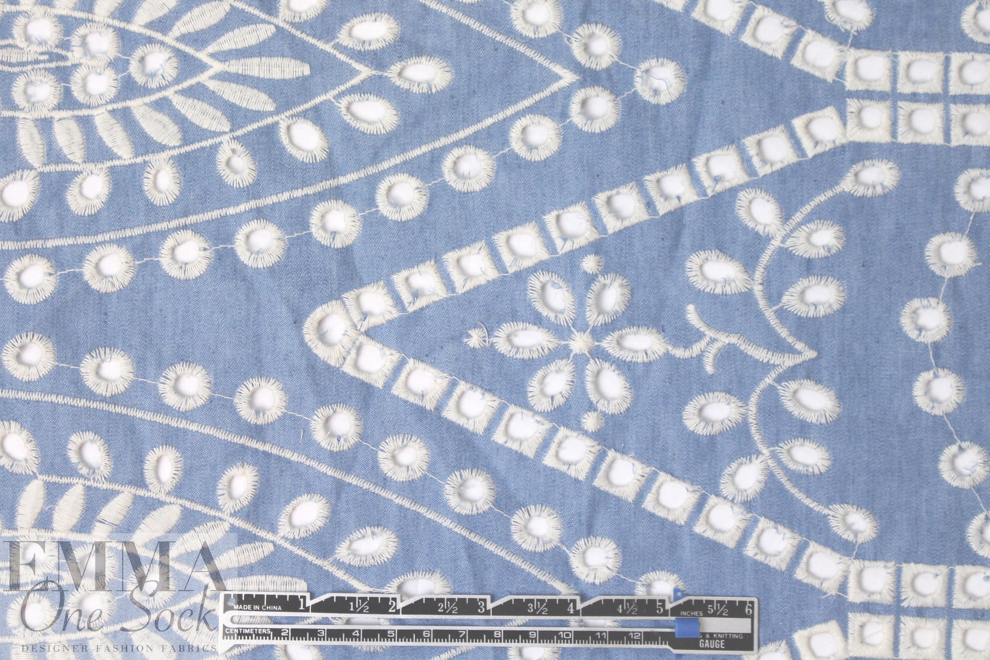 NY designer double border embroidered denim woven 1.875 yds