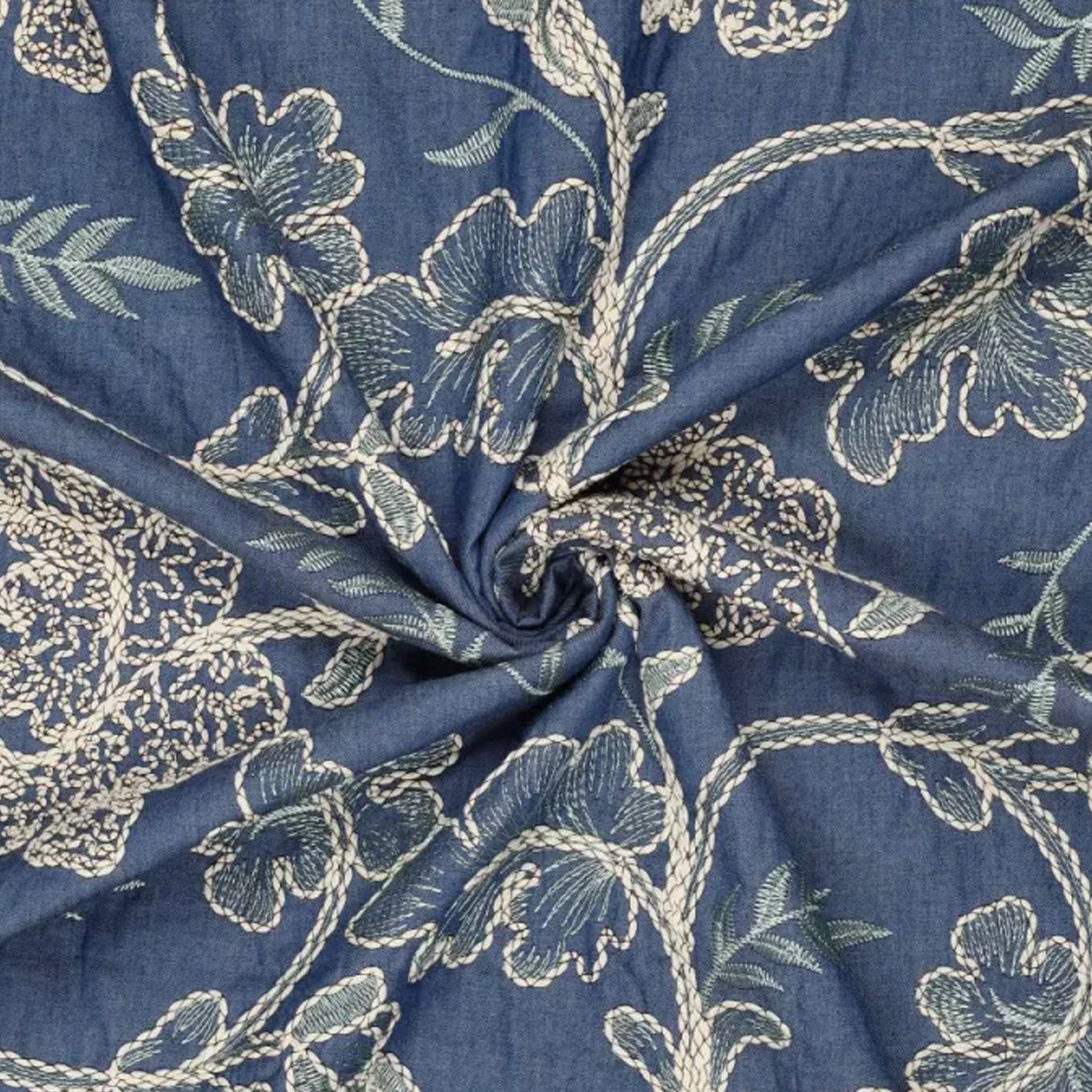 'lovely leaf' embroidered denim - classic blue