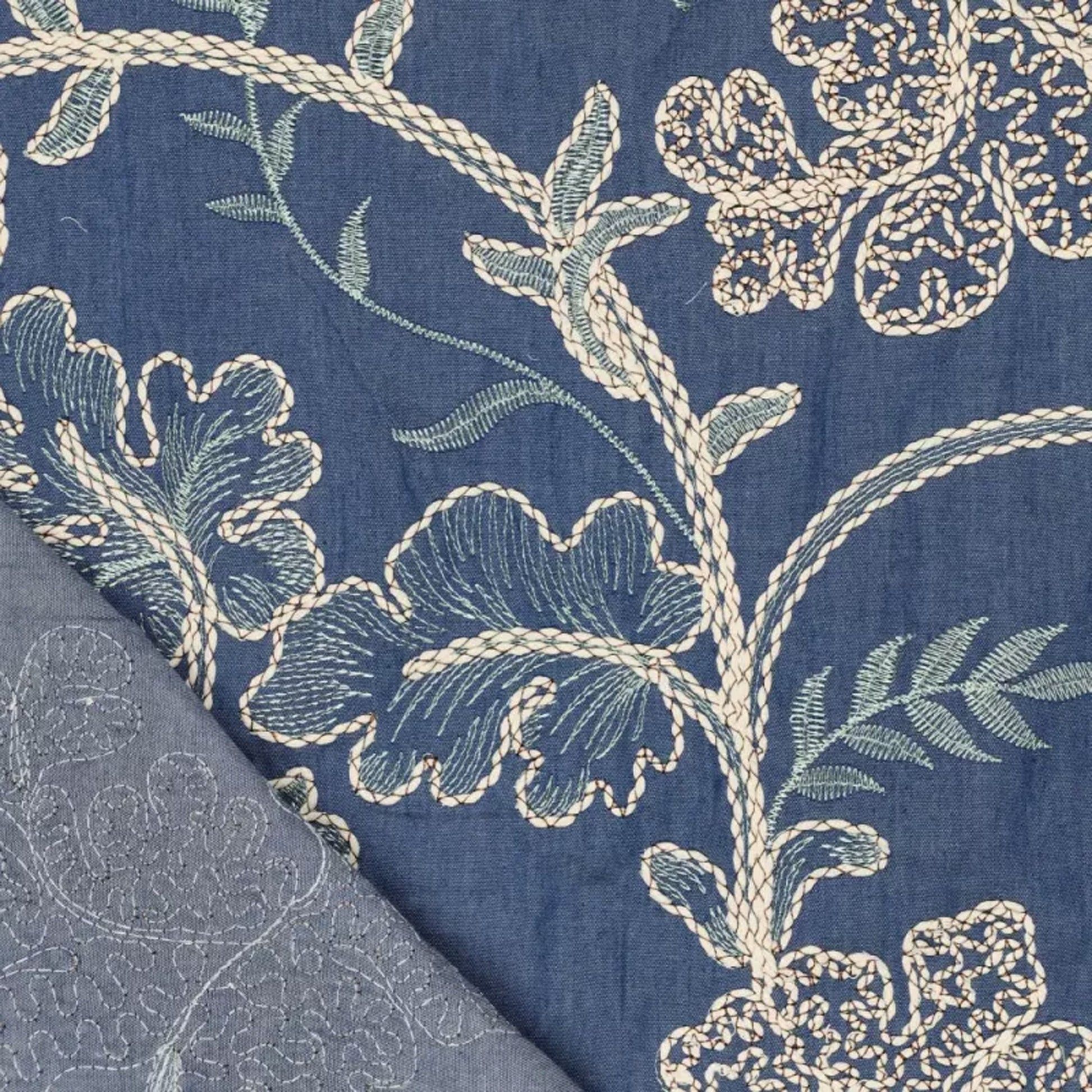 'lovely leaf' embroidered denim - classic blue