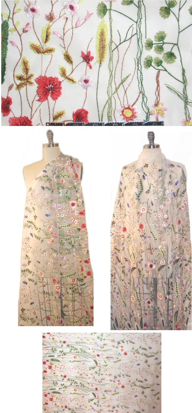 summery floral embroidered sheer mesh - white 1 yard