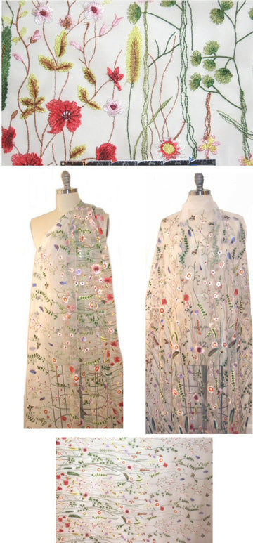 summery floral embroidered sheer mesh - white 1.9 yd