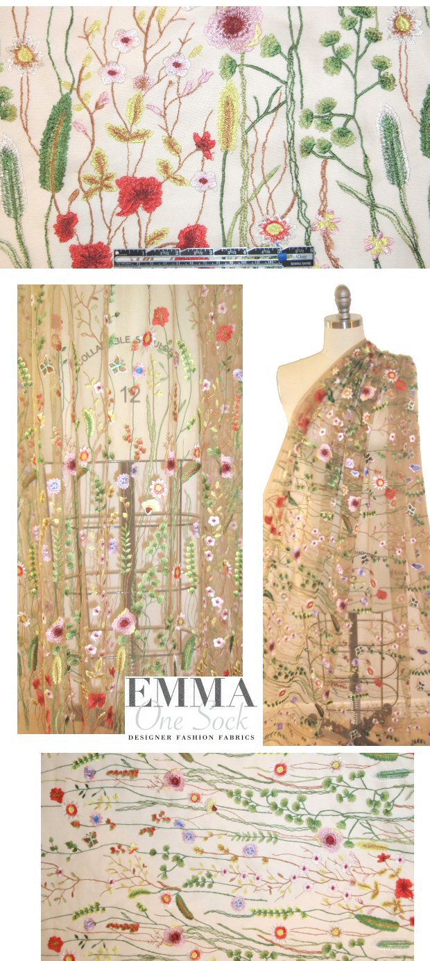 summery floral embroidered sheer mesh - nude .875 yds