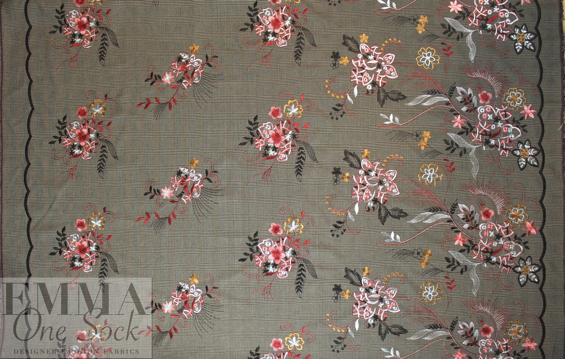 Italian floral embroidered novelty plaid suiting