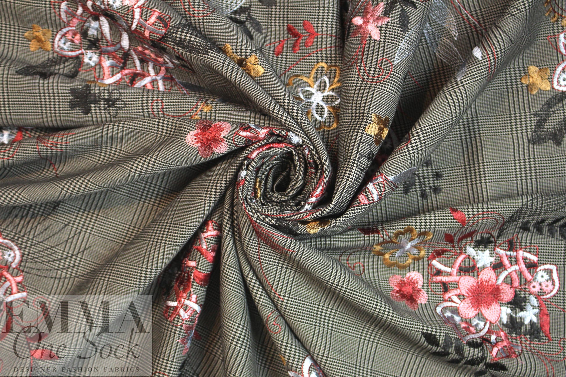 Italian floral embroidered novelty plaid suiting