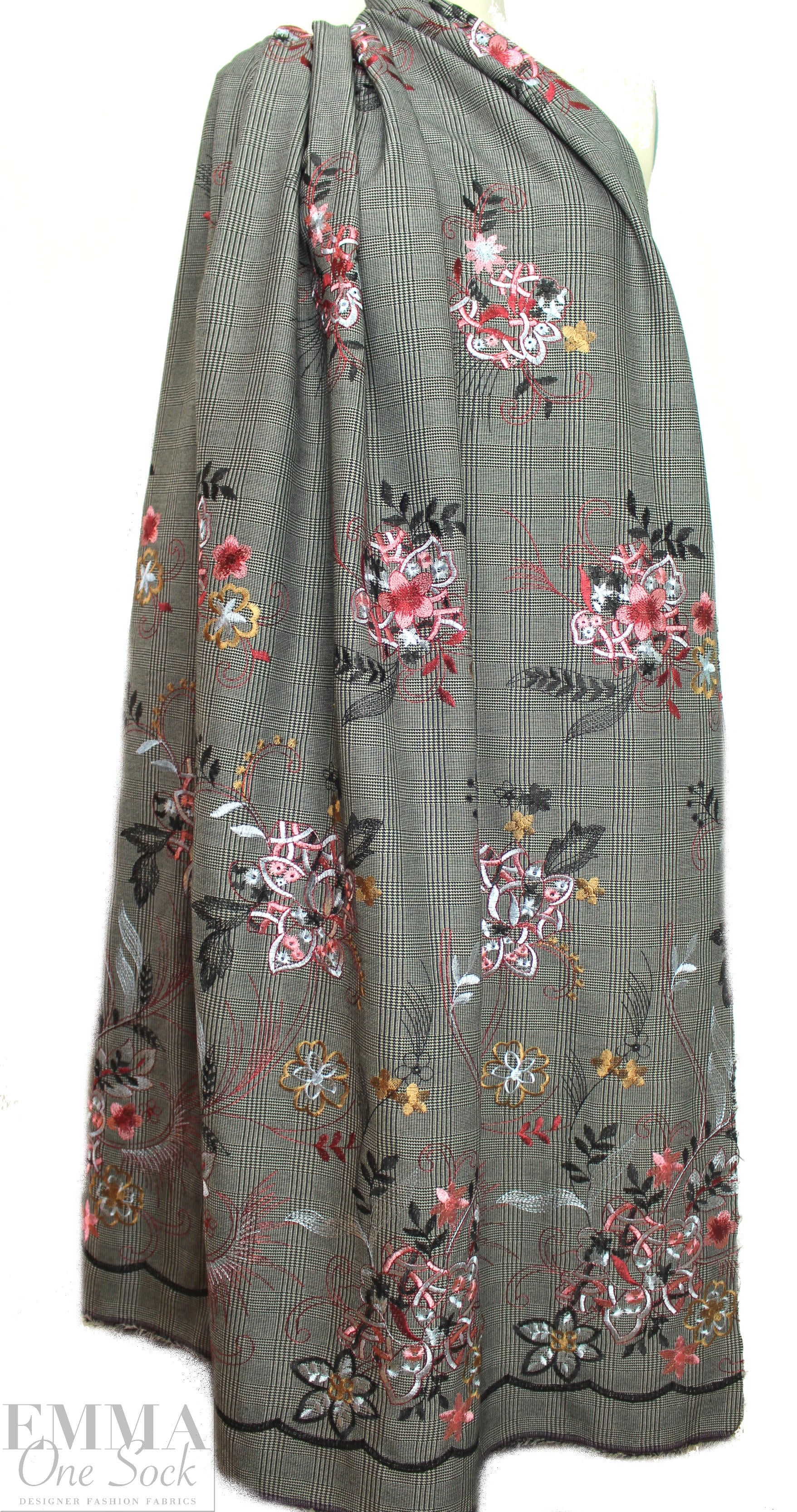 Italian floral embroidered novelty plaid suiting