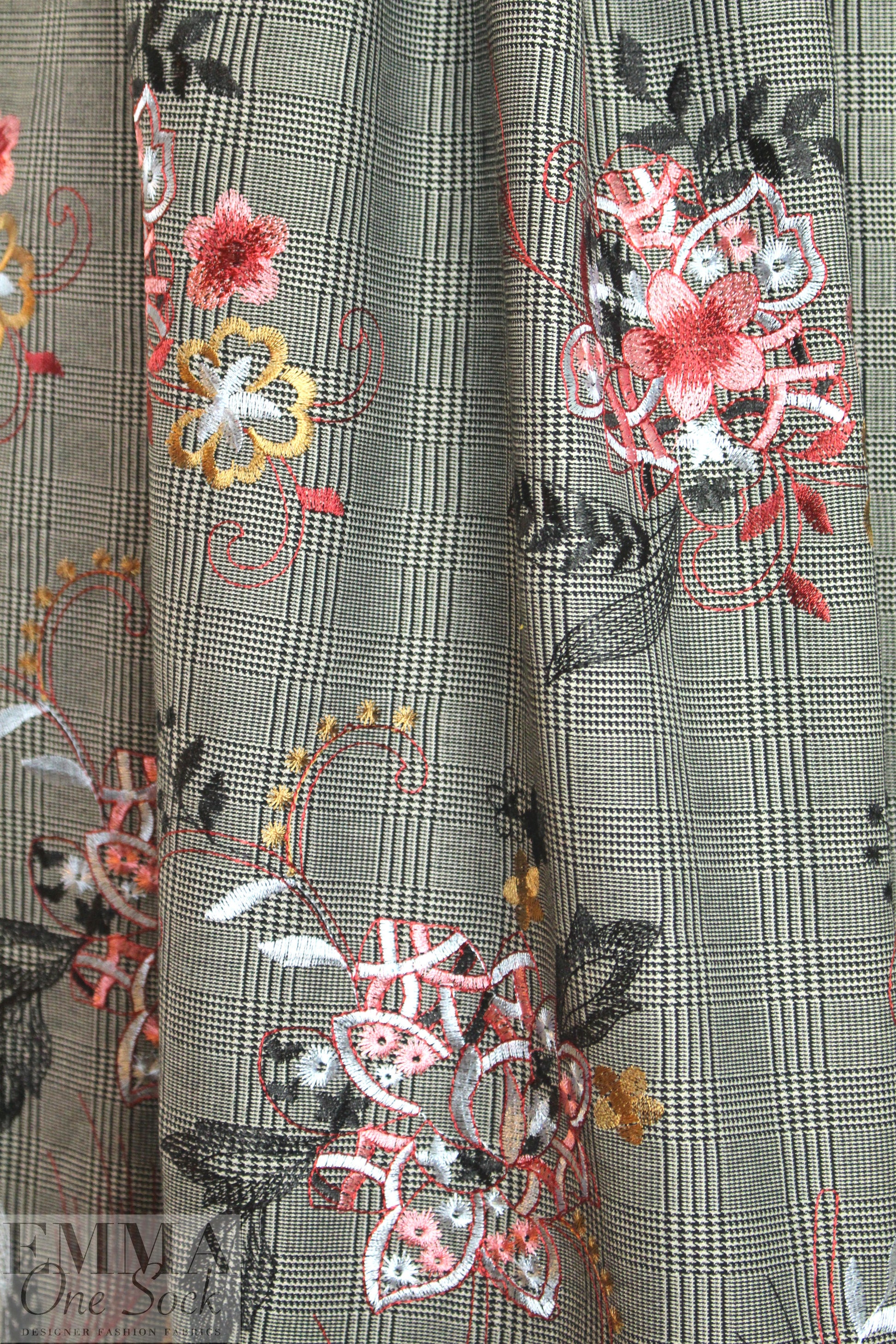 Italian floral embroidered novelty plaid suiting