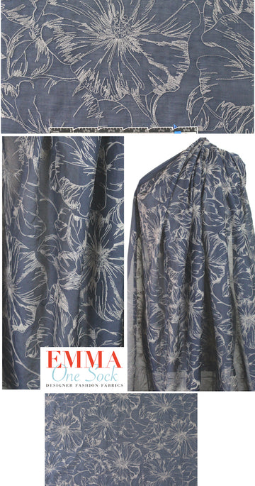 Tah@ri navy/gray cotton/silk embroidered voile
