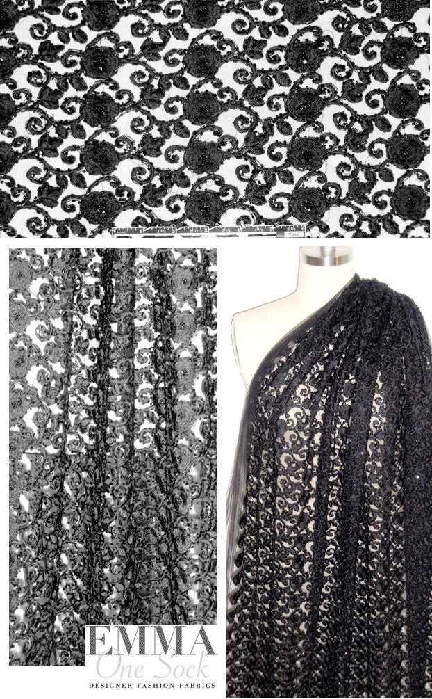 flowery beaded, embroidered mesh lace - black 1.375 yds
