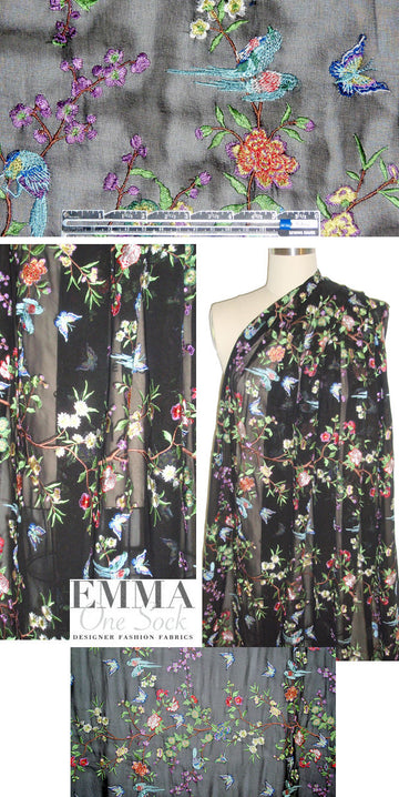 aviary floral embroidered sheer organza - black 1.5 yds