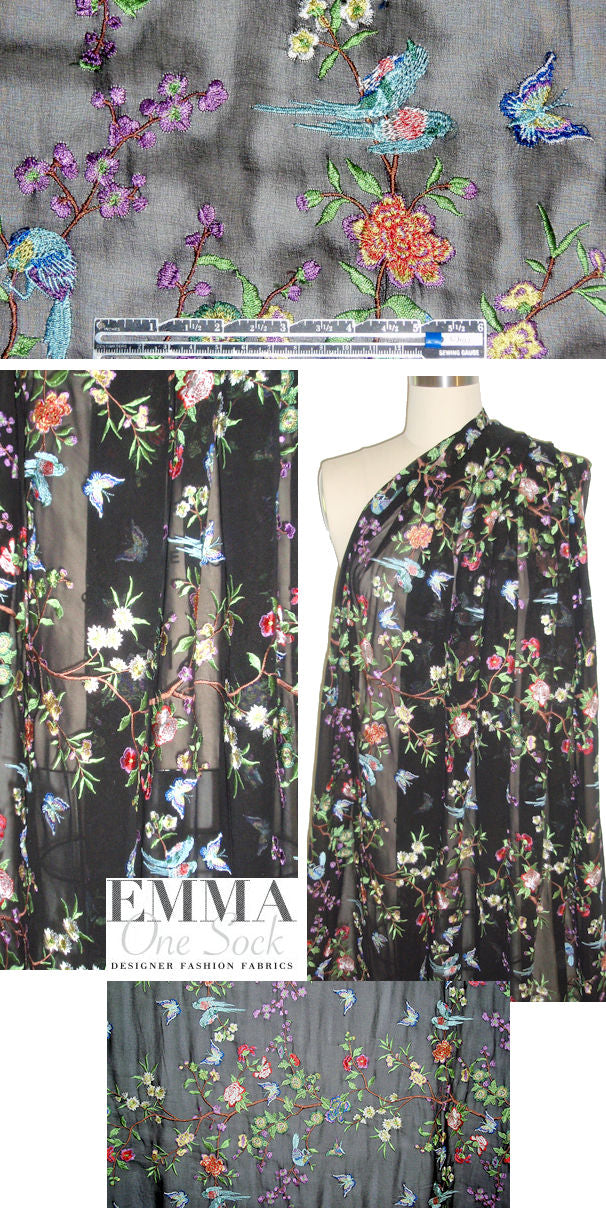 aviary floral embroidered sheer organza - black 1.125 yds