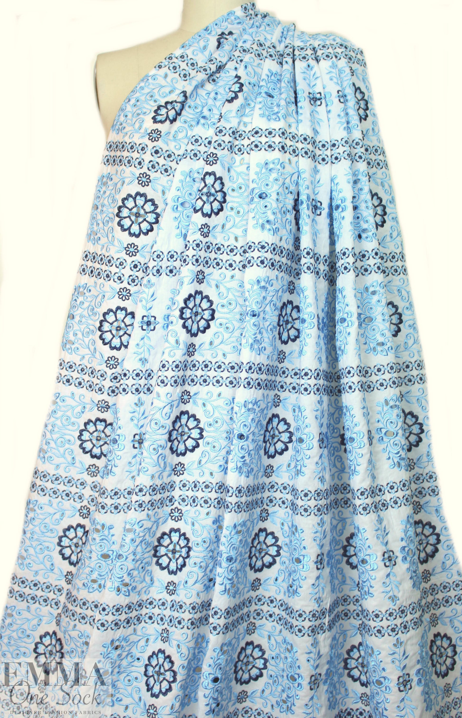 NY designer blue/white embroidered cotton eyelet