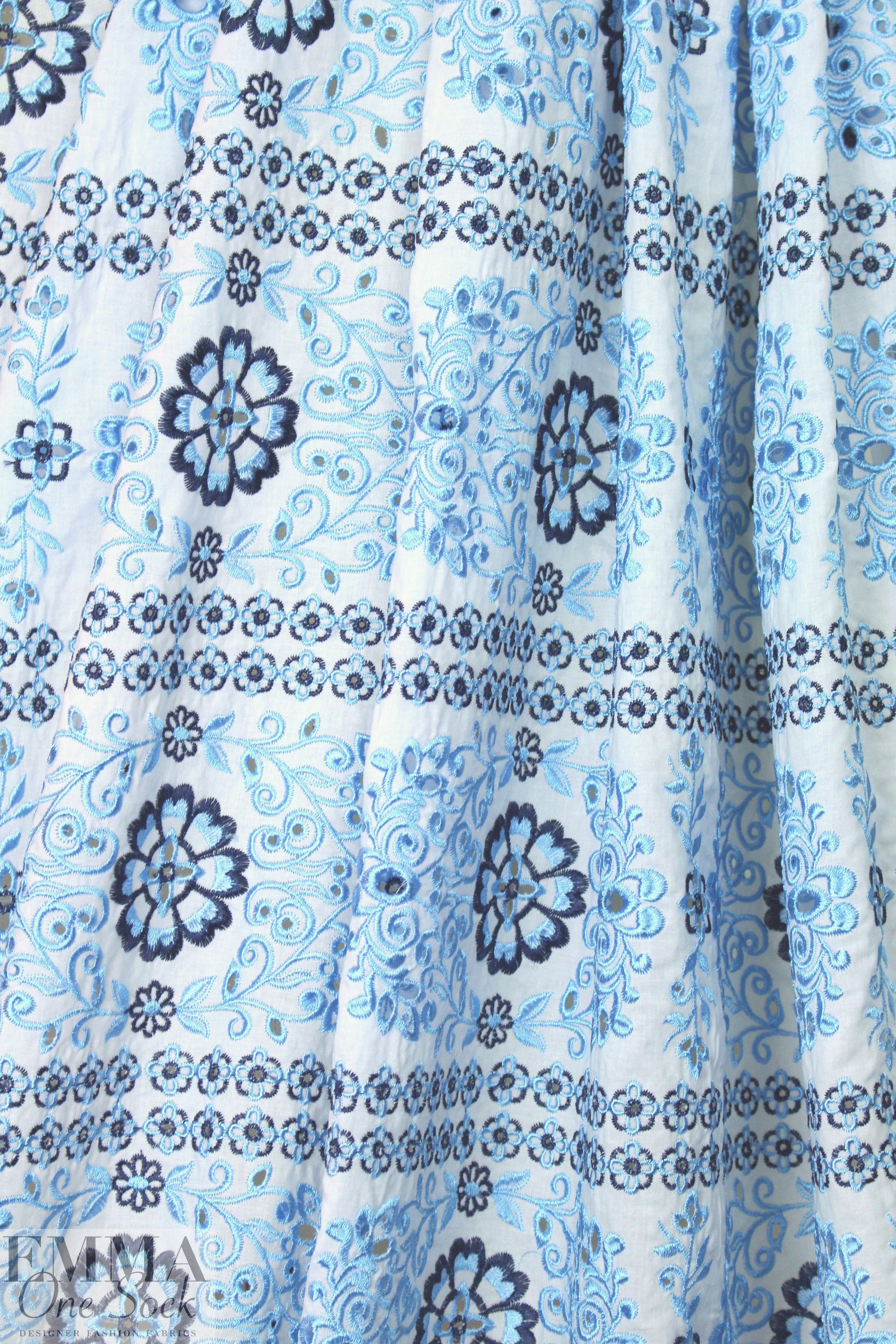 NY designer blue/white embroidered cotton eyelet