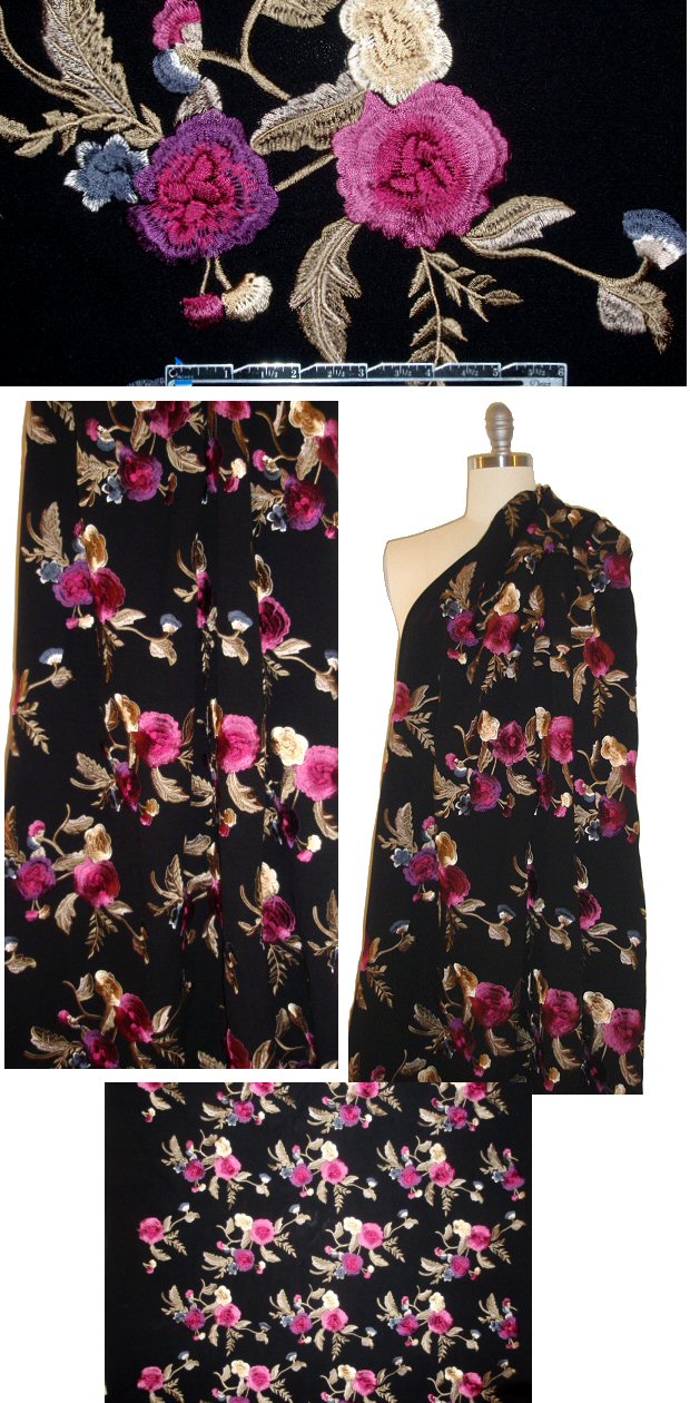 Japanese floral embroidered viscose crepe - fuschia/taupe