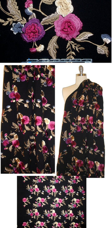 Japanese floral embroidered viscose crepe - fuschia/taupe