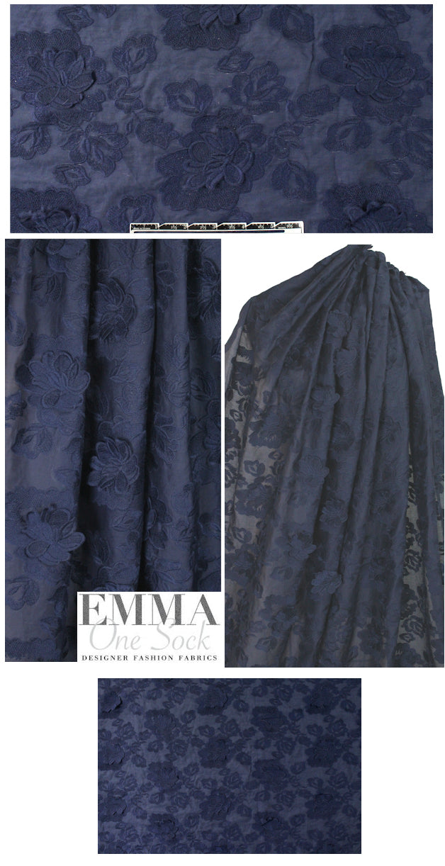 Tah@ri navy cotton/silk 3-D embroidered voile