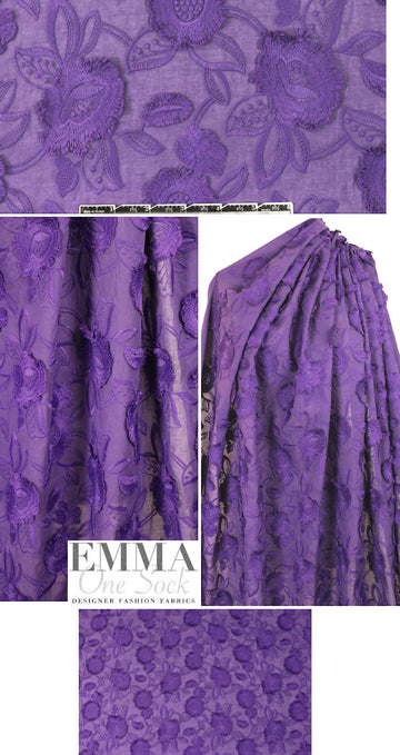 Tah@ri violet cotton/silk 3-D embroidered voile
