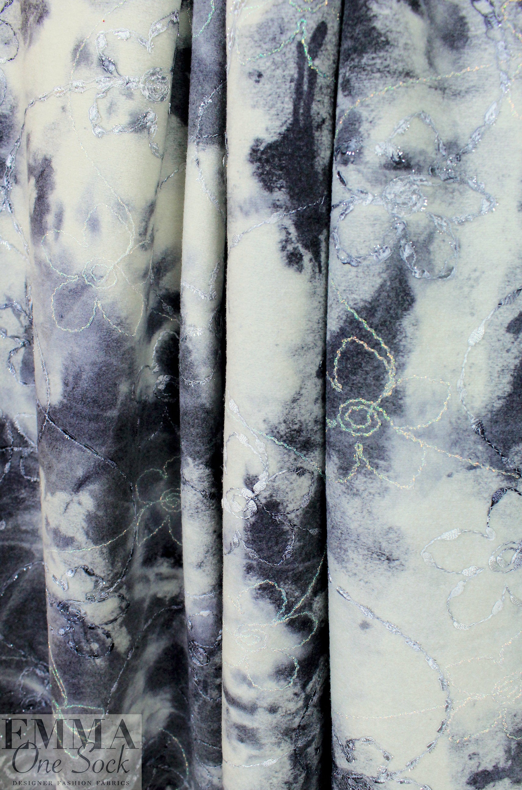 Italian embroidered tie dye brushed wool knit - cloud/charcoal .875 yds