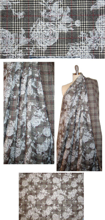 Italian floral printed plaid wool blend woven