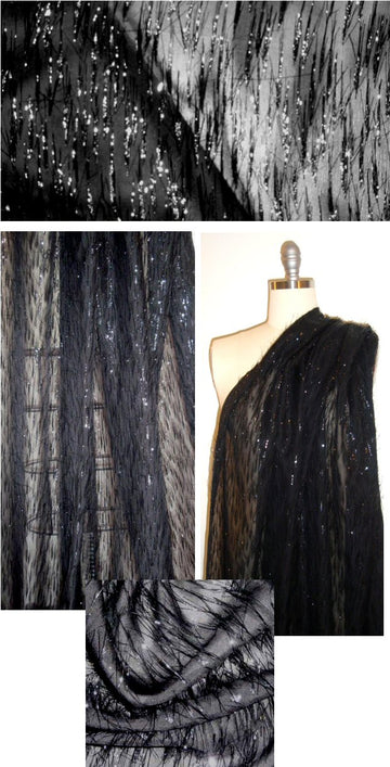French silk chiffon with lurex eyelash fringe - black 1.33 yd