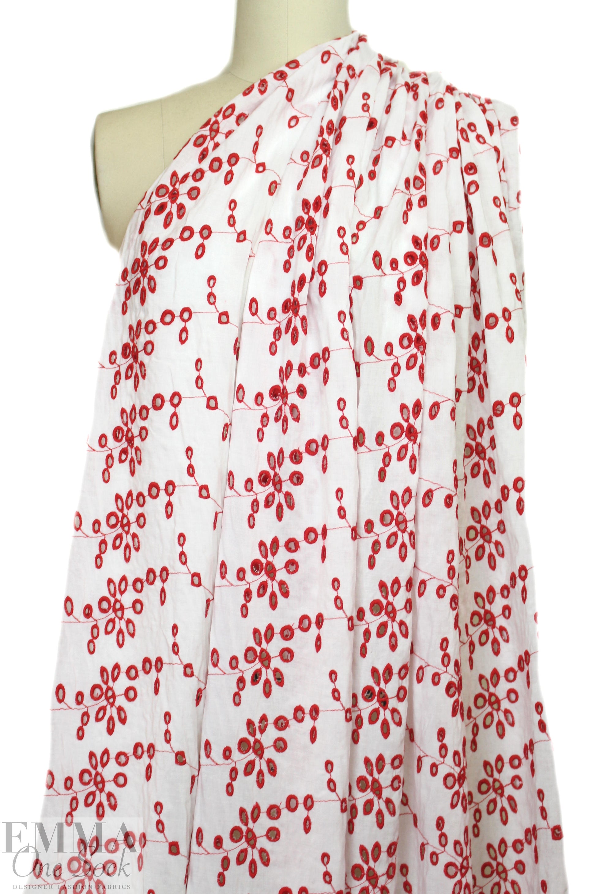 CA designer cotton eyelet - red on white .75 yds