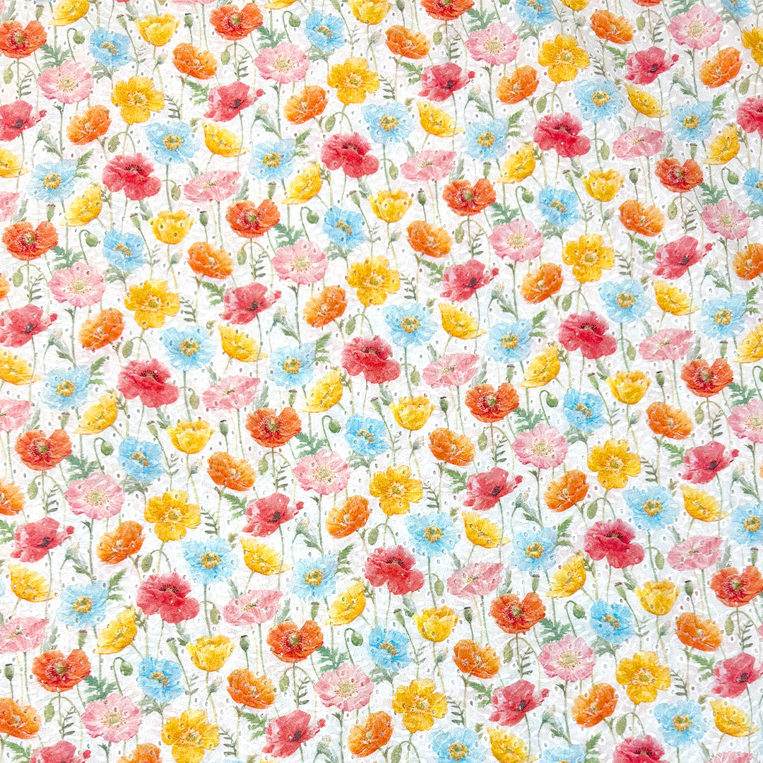 Dutch 'colorful poppies' printed embroidered cotton eyelet, Oeko-Tex cert. 1.5 yds