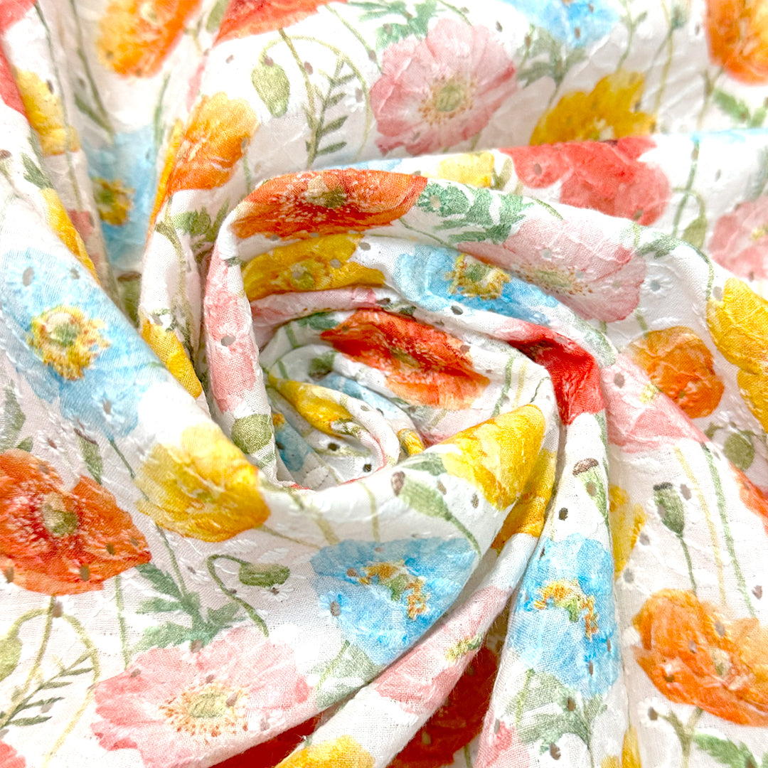 Dutch 'colorful poppies' printed embroidered cotton eyelet, Oeko-Tex cert. 1.75 yds