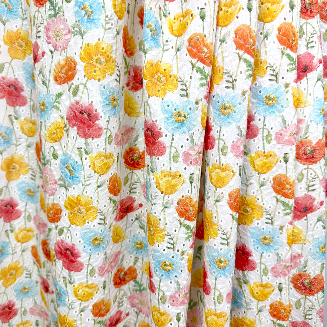 Dutch 'colorful poppies' printed embroidered cotton eyelet, Oeko-Tex cert. 1.5 yds