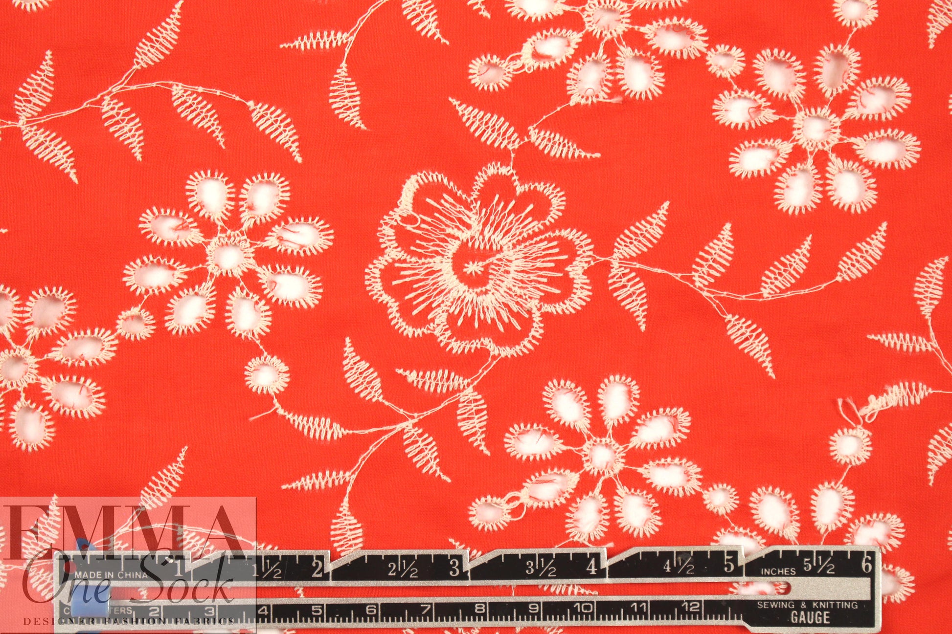 grenadine/ivory flowery embroidered cotton eyelet 1.375 yd