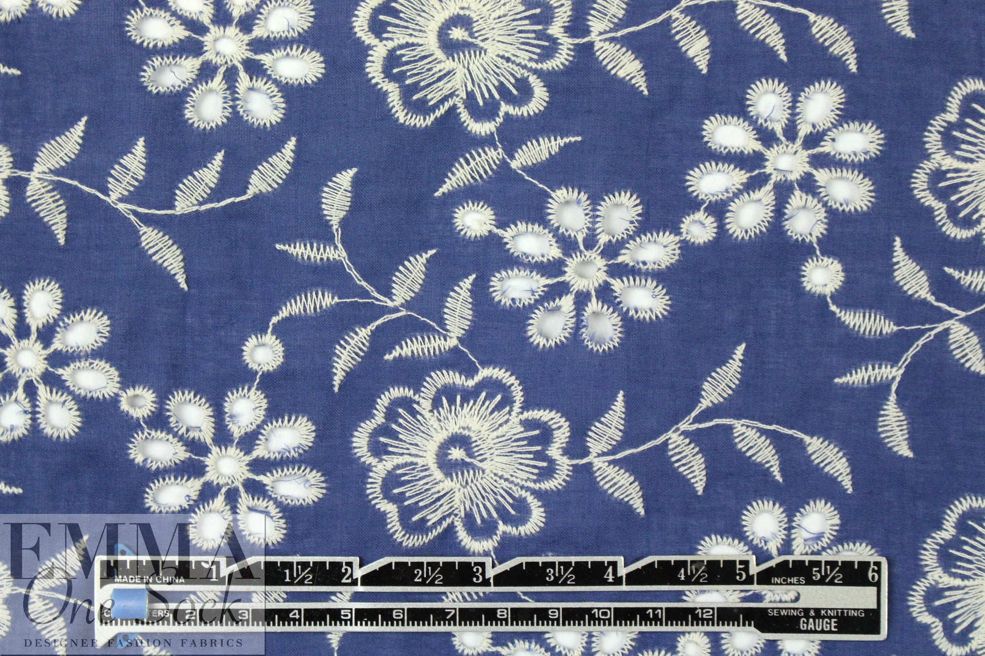marine/ivory flowery embroidered cotton eyelet 1.125 yds
