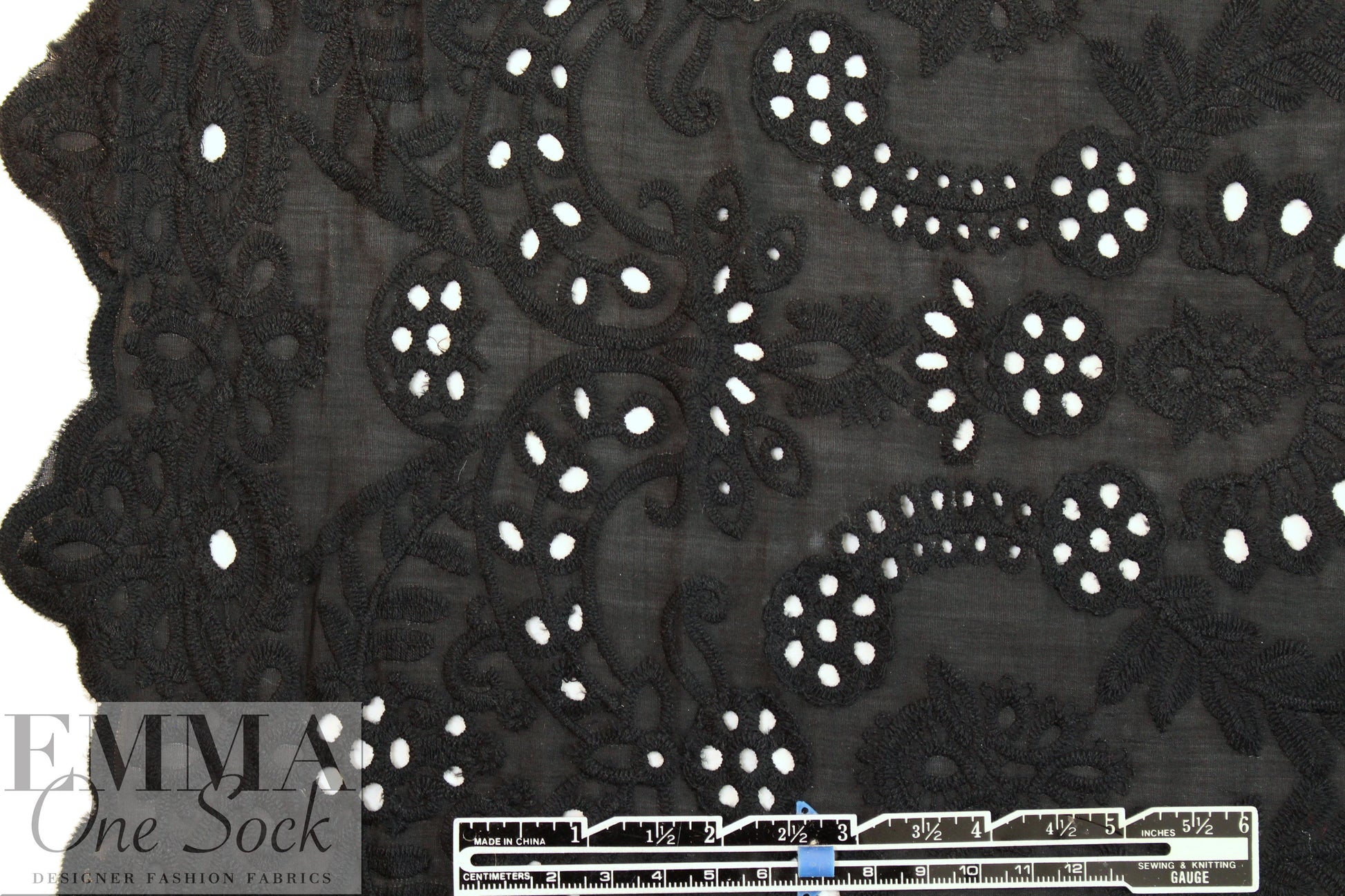 NY designer scalloped, embroidered cotton eyelet - black