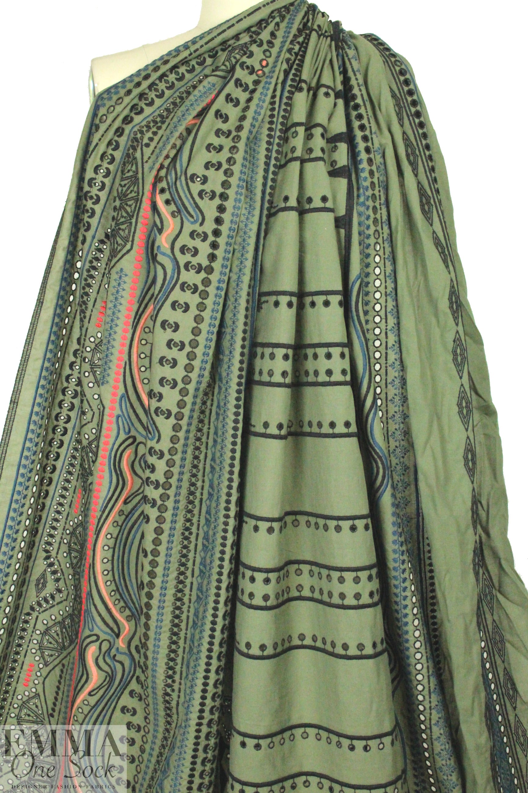 NY designer embroidered cotton woven - loden