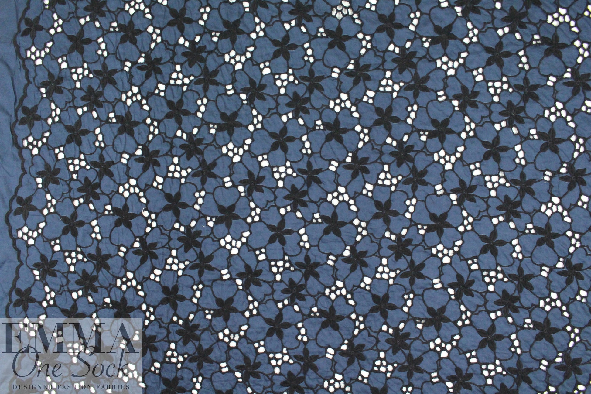 famous designer silk/cotton eyelet voile - marine/black