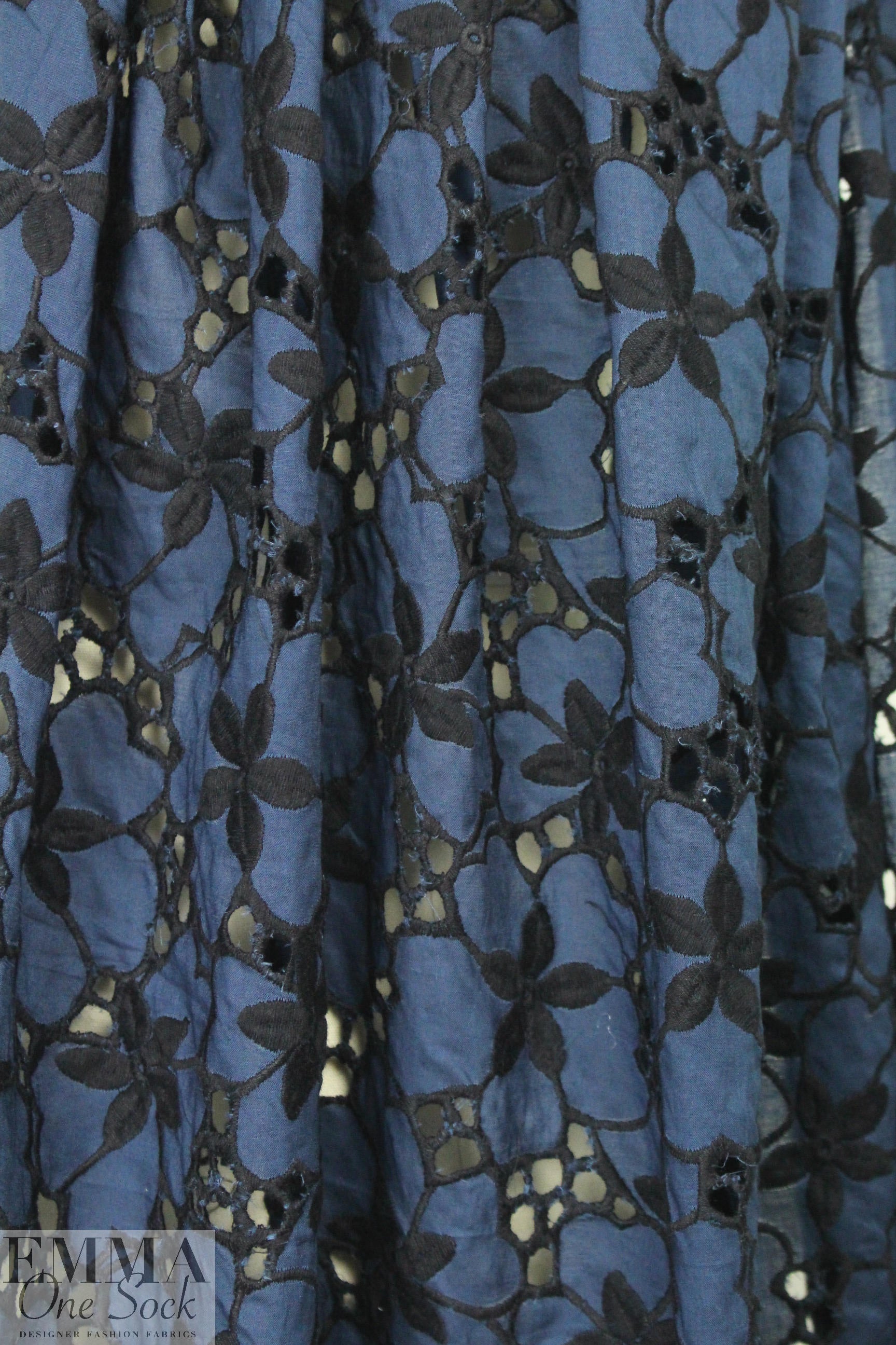 famous designer silk/cotton eyelet voile - marine/black