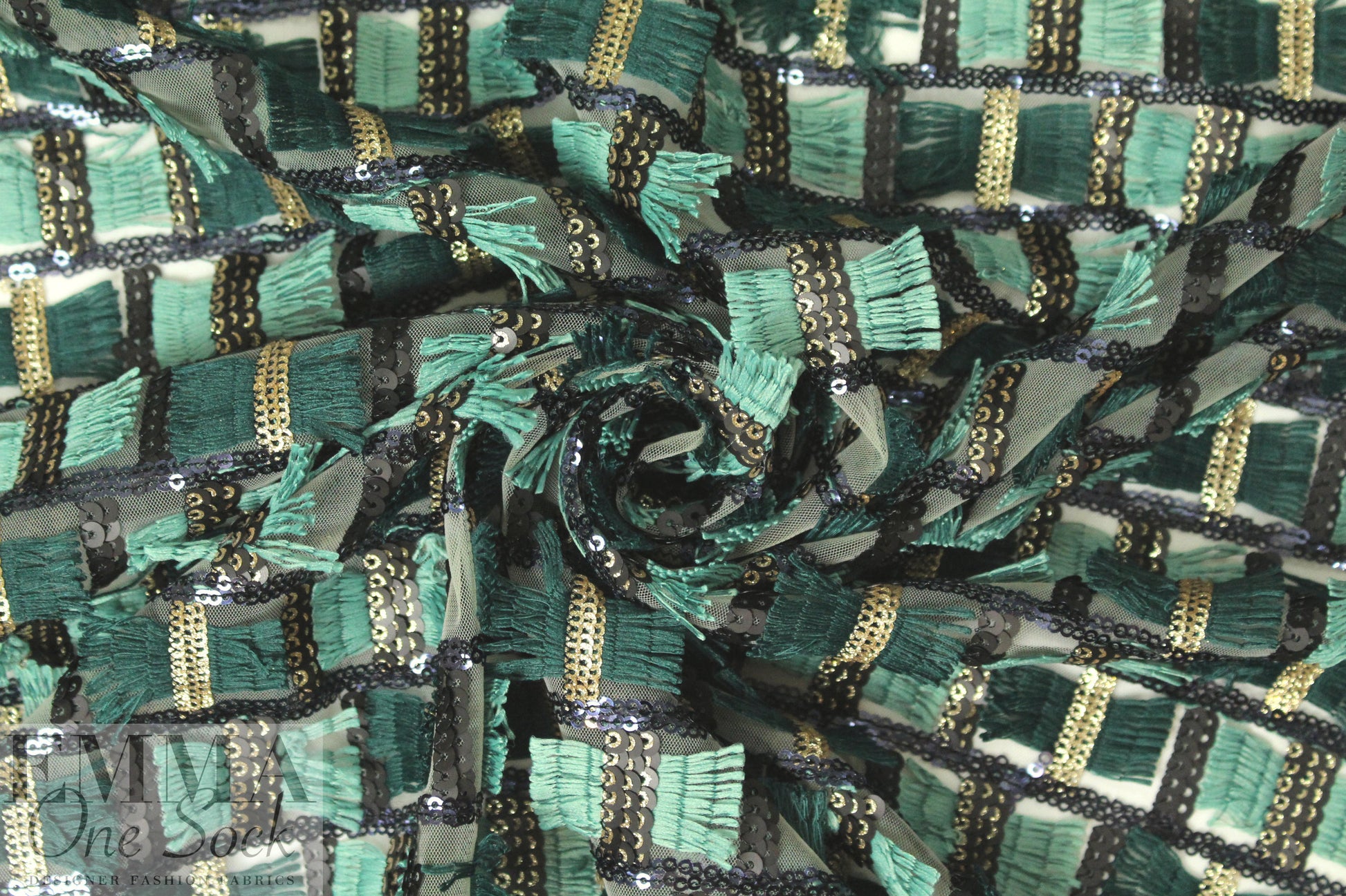 NY designer fringe/sequin embellished mesh knit - spruce 2 yds