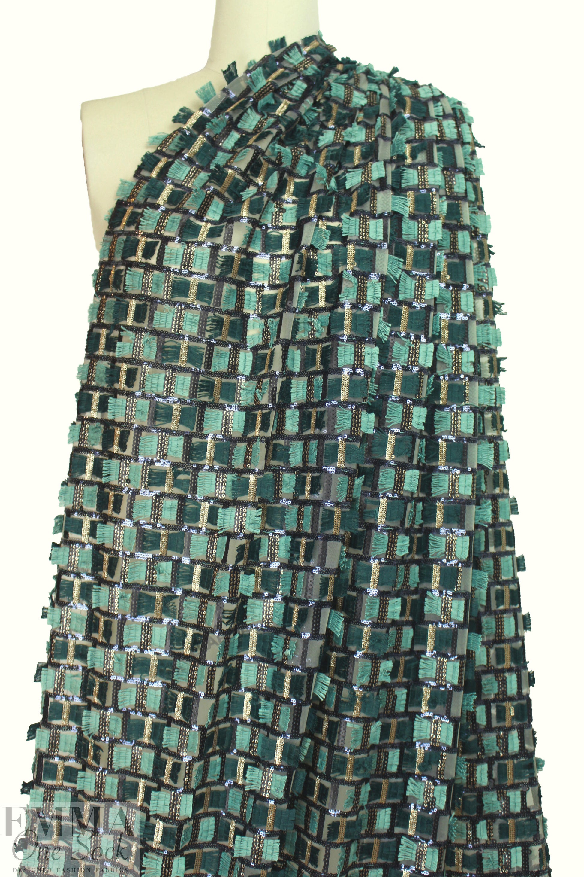 NY designer fringe/sequin embellished mesh knit - spruce