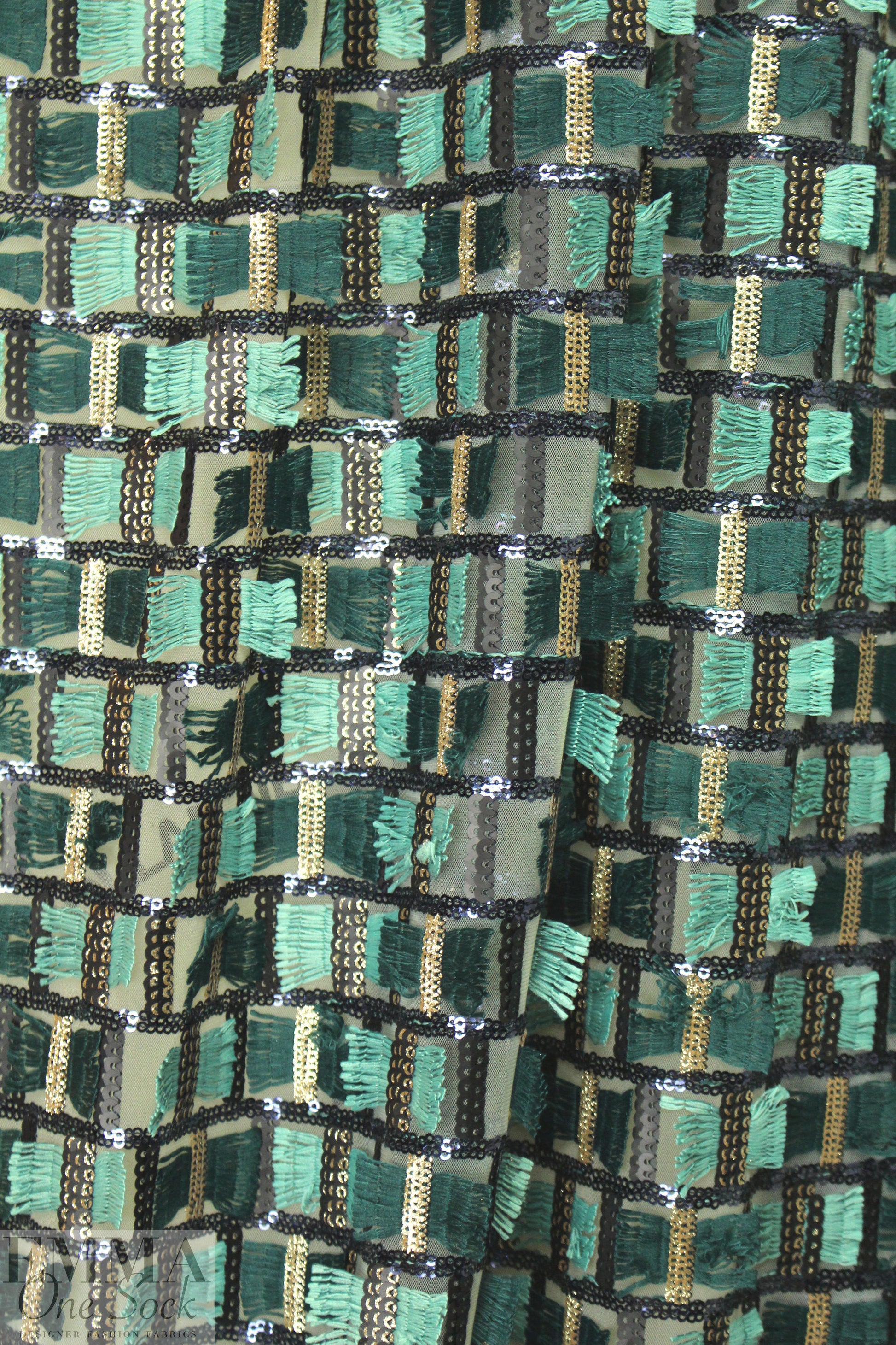 NY designer fringe/sequin embellished mesh knit - spruce 2 yds