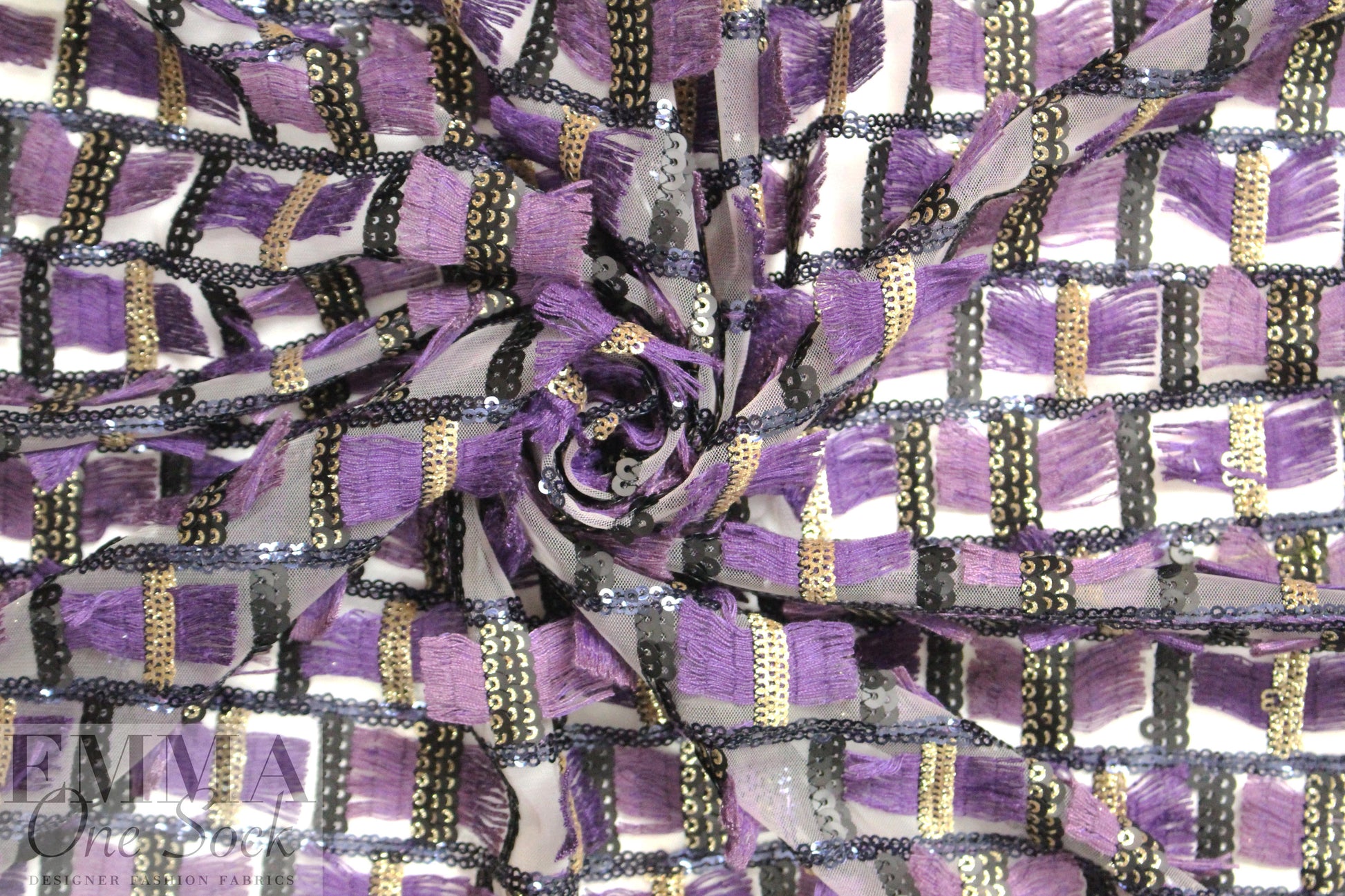 NY designer fringe/sequin embellished mesh knit - grape