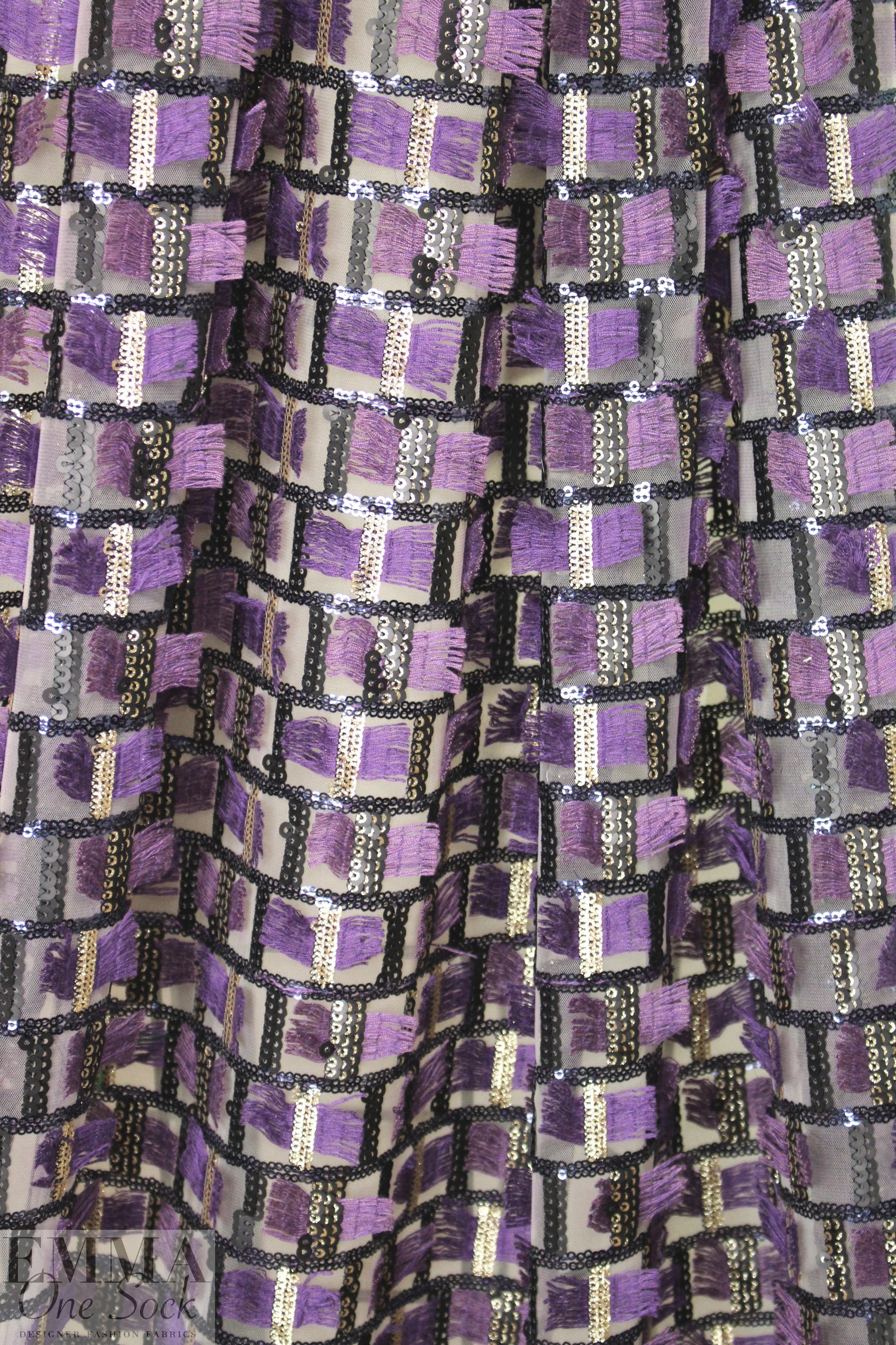NY designer fringe/sequin embellished mesh knit - grape