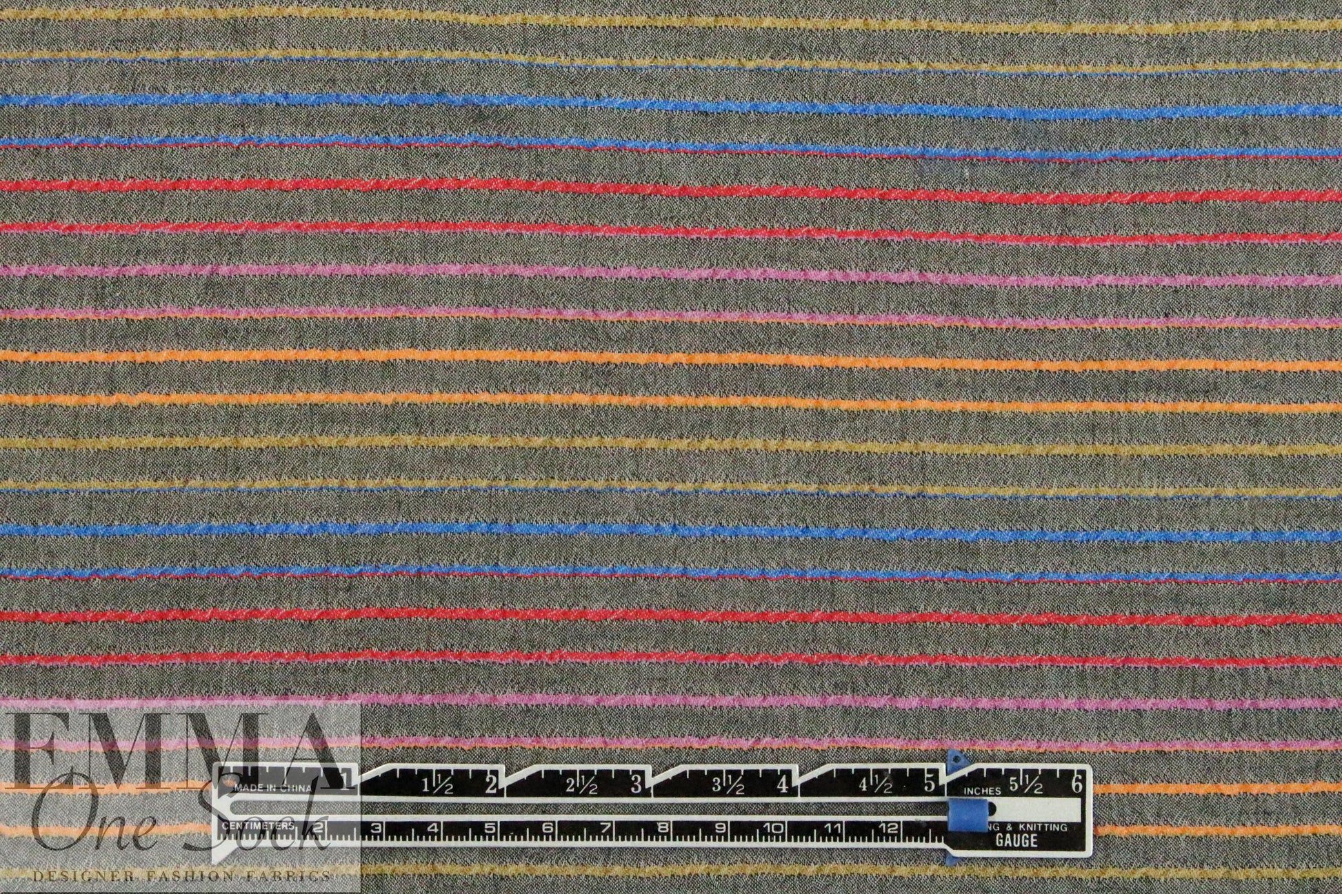 NY designer gray crinkle stretch woven with colorful stripes