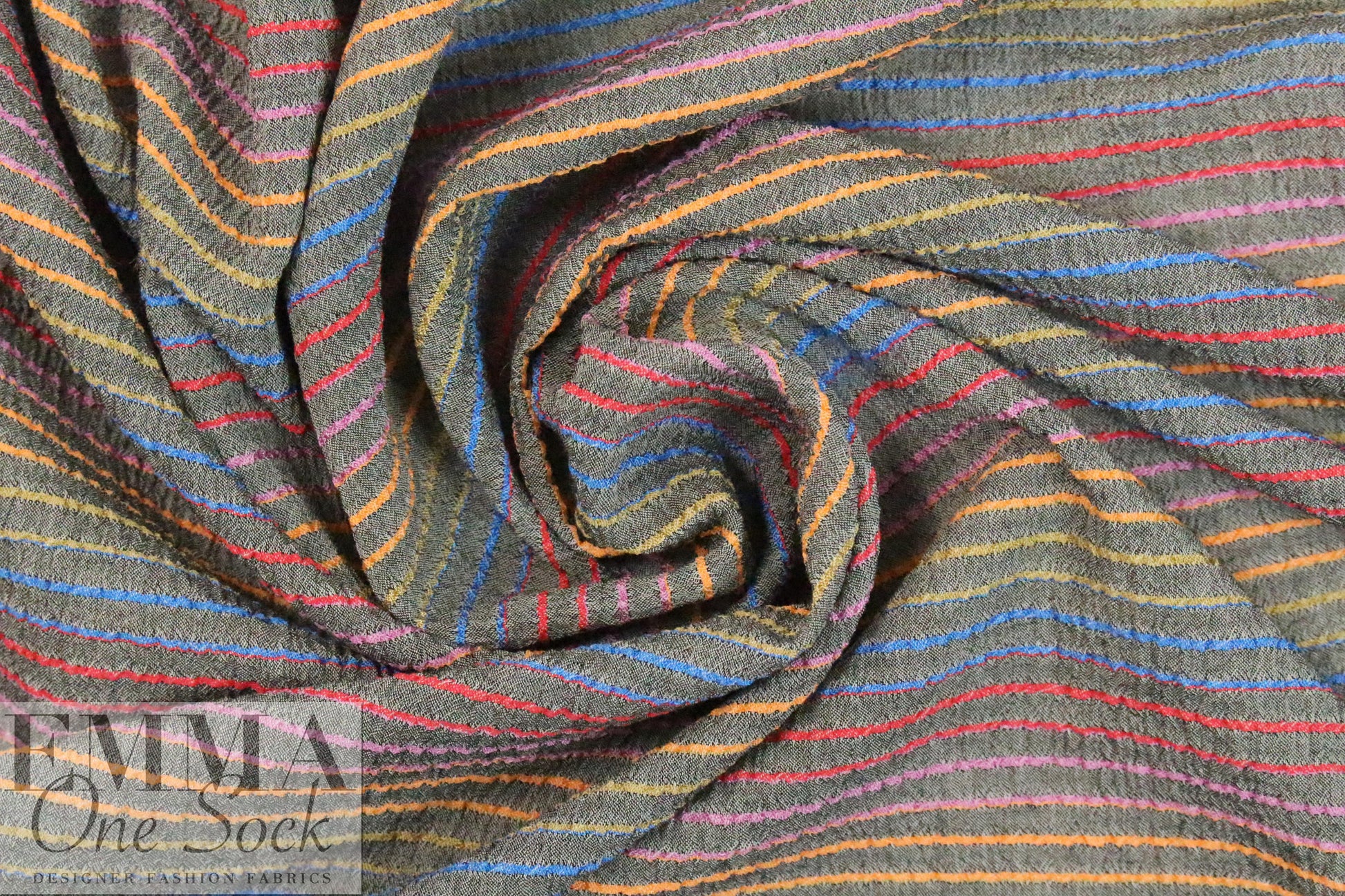 NY designer gray crinkle stretch woven with colorful stripes 1 yard