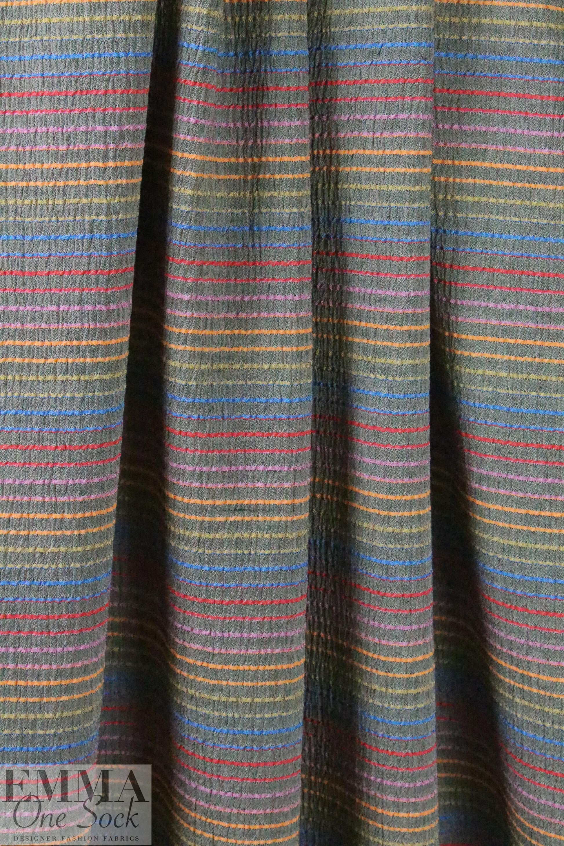 NY designer gray crinkle stretch woven with colorful stripes 1 yard