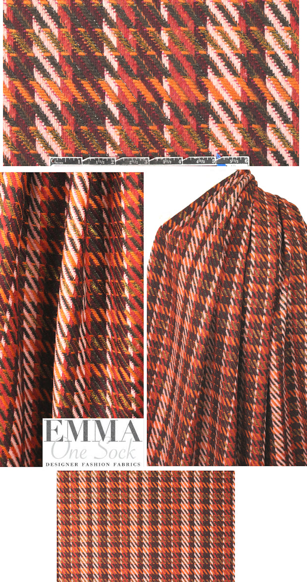 Italian 'houndstooth' plaid wool blend - spice/rouge