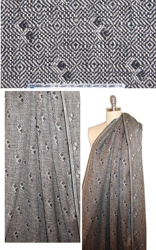 Italian fancy weave wool blend suiting - black/winter white 1.875 yd