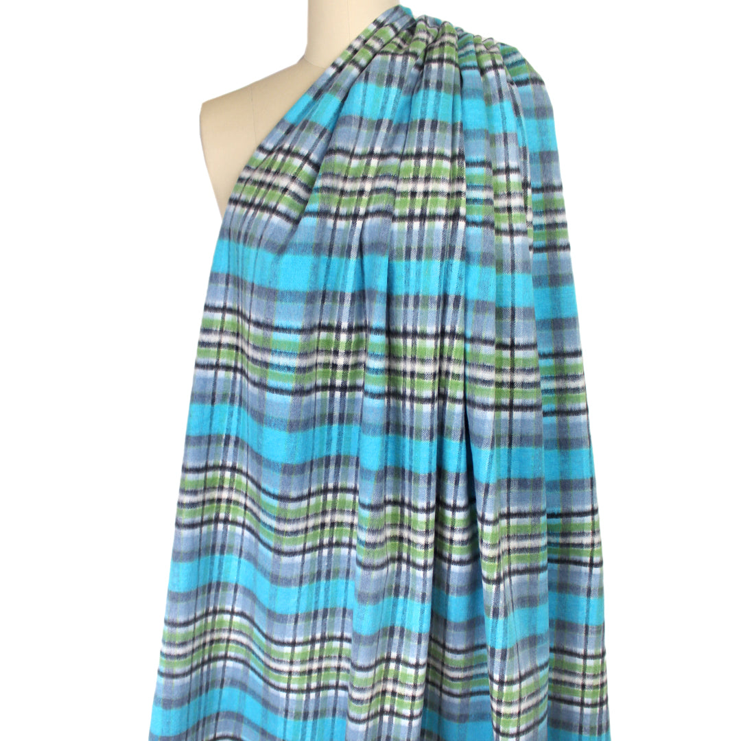 Italian cotton blend brushed twill plaid coating - sky/charcoal/basil 2.125 yd